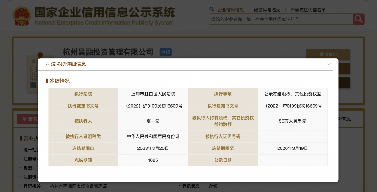 夏一波所持杭州昊融投资50万元股权遭冻结