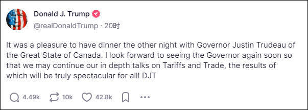特朗普公开嘲讽特鲁多:加拿大州州长,期待再次相见