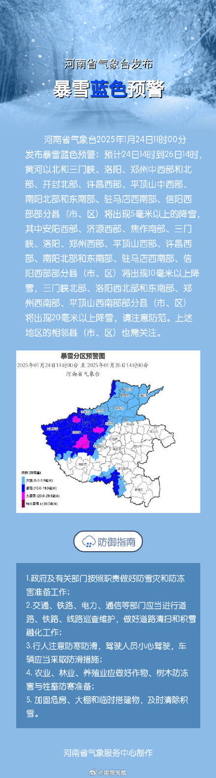 河南寒潮暴雪道路结冰三预警齐发