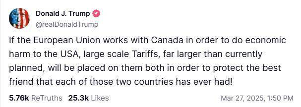 特朗普:若欧盟和加拿大联手对抗 将大规模征收关税