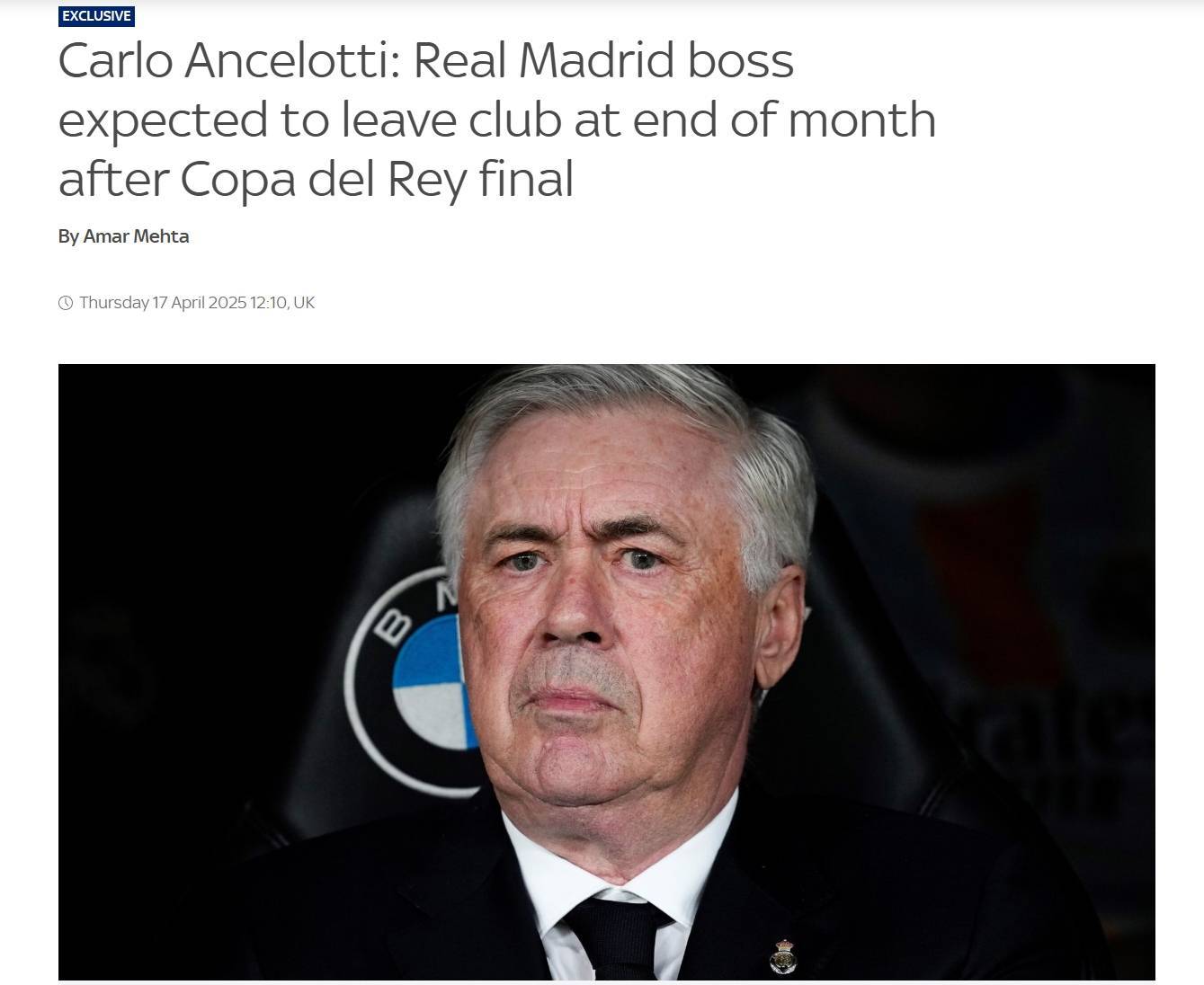 天空:安切洛蒂将在国王杯决赛后离任!不会带队踢完本赛季