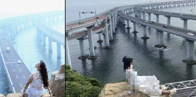 大连一跨海大桥观景台有游客翻栏杆踩空心造景石拍照，当地回应