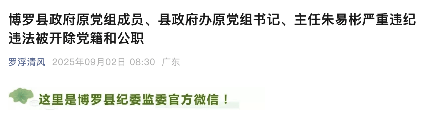 惠州博罗县政府原党组成员、县政府办原主任朱易彬被双开！