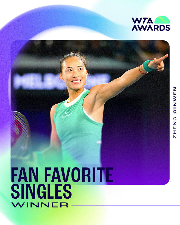 蝉联人气女王!郑钦文再次当选WTA最受欢迎单打球员